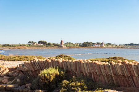 Beautiful Sceneries of The Nature Reserve of the "Saline dello Stagnone" in Marsala, Trapani Province, Sicily, Italy.の写真素材
