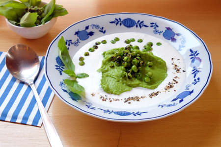 Green peas soup - cold served healthy mealの写真素材