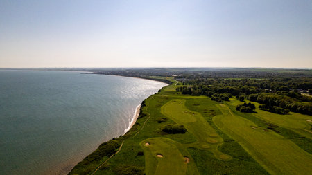 Aerial view of a golf course on the Baltic Sea in Polandの写真素材