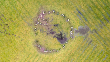 Aerial view of a small island in the middle of a fieldの写真素材