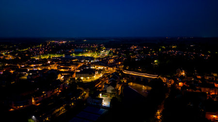 Aerial view of Vilnius old town at night, Lithuaniaの写真素材