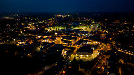 Aerial view of the city of Lviv at night, Ukraineの写真素材