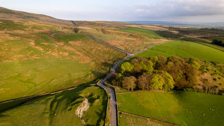 Aerial view of a rural landscape in the Peak District National Parkの写真素材