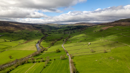 Aerial view of a rural landscape in the Yorkshire Dales National Park