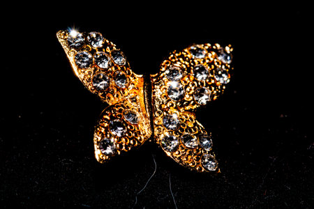 Butterfly made of precious stones on a black background close upの写真素材