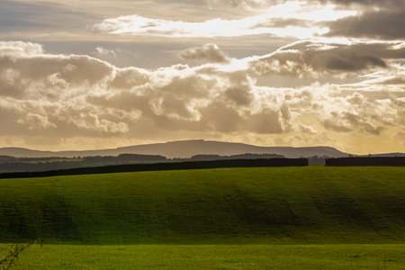 Sunset over a green field in the Yorkshire Dales National Parkの写真素材