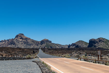 Long Empty Desert Asphalt Road in Tenerife Canary Islands Spainの写真素材