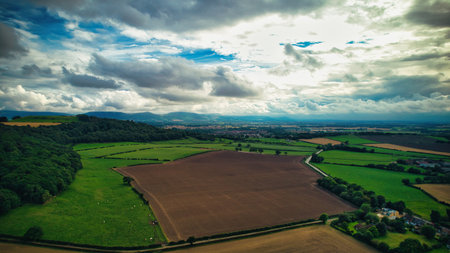 Aerial view of fields and meadows in the countryside during sunset.