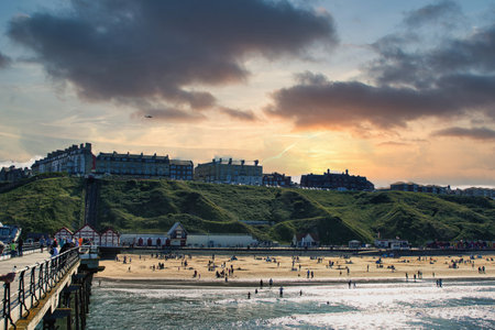 Sunset over the beach in Bath, Somerset, England, UKの写真素材