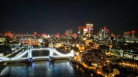 London cityscape at night with the Tower Bridge in London, UKの写真素材