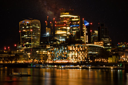 Night view of Canary Wharf. Canary Wharf is a major business and financial centre of London.の写真素材