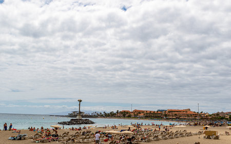 People on the beach in Santander de Compostela, Spain.の写真素材