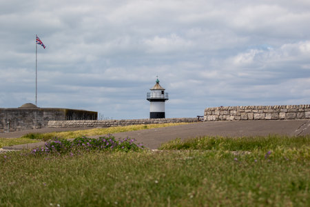 Lighthouse at the entrance to the fortress of Saint Malo, Brittany, France