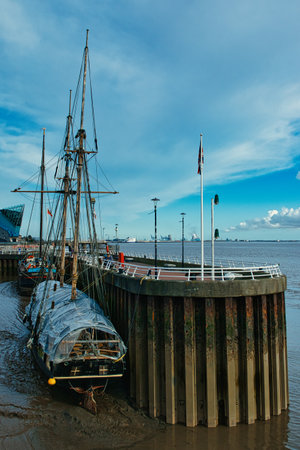 Fishing boat moored to a pier in the harbor of Hamburgの写真素材