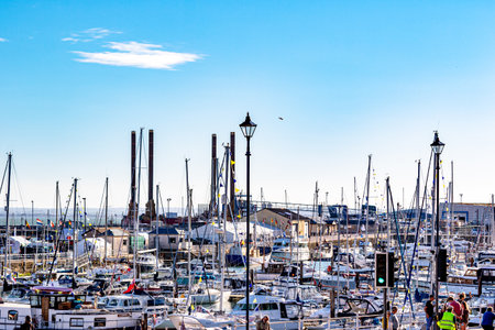 Yachts and boats in the port of San Sebastian, Spainの写真素材