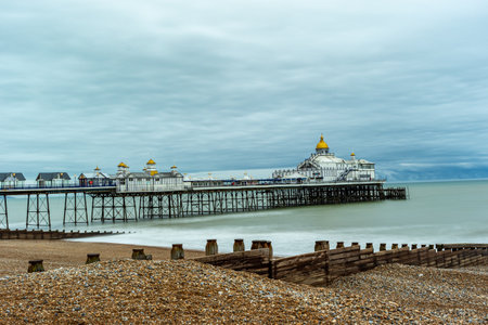 A view of Brighton Pier on a cloudy day, England, UKの写真素材