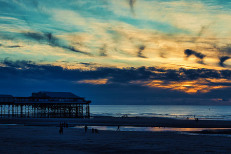 Sunset at Huntington Beach Pier, Orange County, California, USAの写真素材