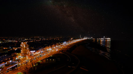 Milky Way over the city of Riga at night, Latviaの写真素材