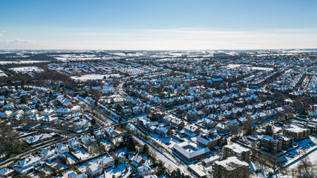 Aerial view of a small town in winter. Winter landscape.の写真素材