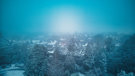 Winter landscape with snow covered trees and houses in a foggy morningの写真素材