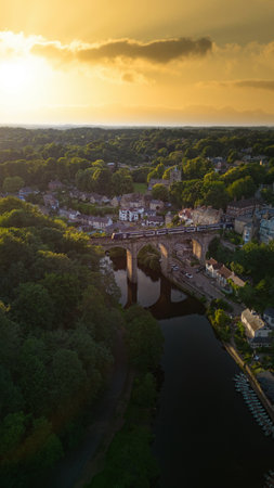 Aerial view of the River Avon at sunset, Bristol, UKの写真素材