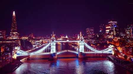 London skyline at night with Tower Bridge, London, England, UKの写真素材
