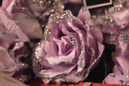 Wedding decoration with pink roses and rhinestones close upの写真素材