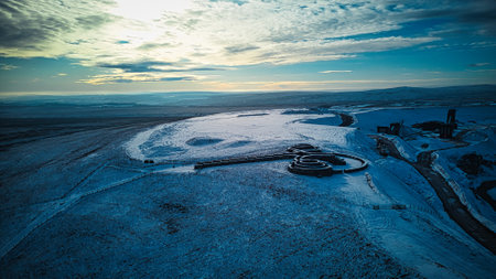 Aerial view of a salt mine on a snowy winter evening.の写真素材