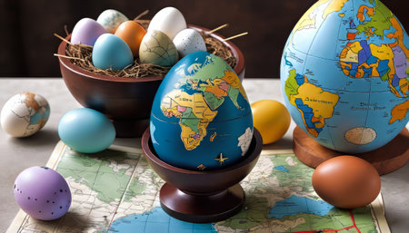 Easter eggs and map of the world on a wooden background.