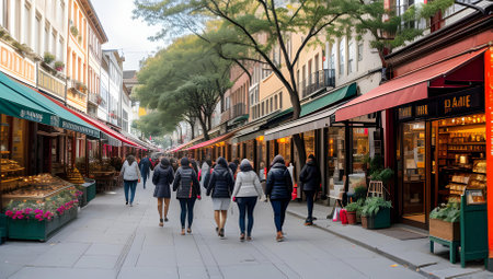 Pedestrians walking on a charming city street lined with quaint shops and lush green trees.の写真素材