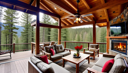 Cozy wooden patio with comfortable seating, fireplace, and forest view.
