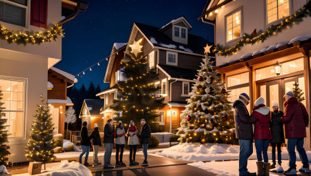 Family and friends gathering outside a decorated house with Christmas lights and trees during the festive season at night.の写真素材