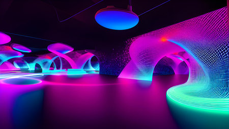 Futuristic neon-lit room with glowing curves and abstract shapes, creating a vibrant, modern backdrop.の写真素材