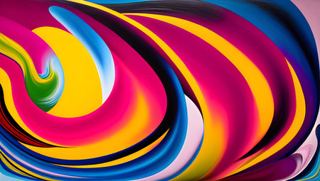 Abstract swirl with vibrant pink, blue, and yellow colors, suitable for backgrounds or graphic...
