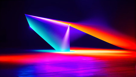 Vibrant neon light spectrum with a paper boat silhouette, creating a colorful abstract background.の写真素材