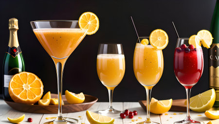 Assorted fresh citrus cocktails on a bar counter with sliced oranges and a bottle in the background.の写真素材
