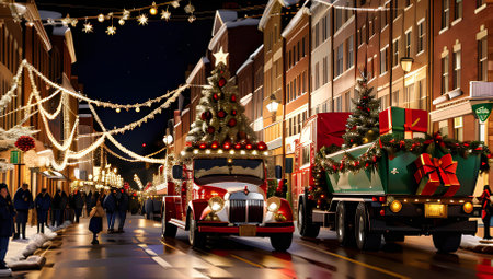 Festive holiday street with Christmas lights and decorations, featuring a tree and gifts on a vintage truck.の写真素材