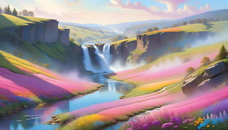 Idyllic landscape with waterfalls, river, and colorful fields under a soft, sunny sky.の写真素材