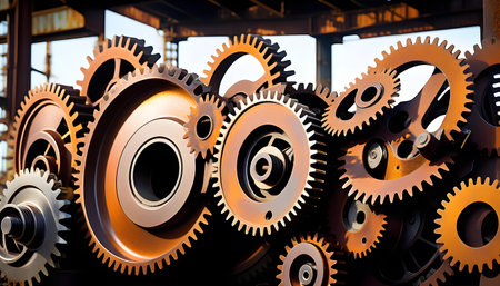 Assorted metal gears and cogs with industrial look on a dark background.