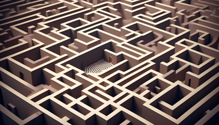 Complex wooden maze with a solution path leading to the center. Concept of challenge, strategy, and problem-solving.の写真素材