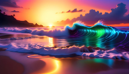 Vibrant digital wave with neon colors on a serene beach at sunset.の写真素材