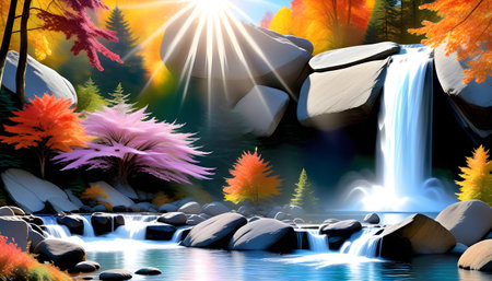 Vibrant digital artwork of a serene waterfall with sunbeams piercing through autumn foliage, reflecting on a tranquil river surrounded by rocks.の写真素材