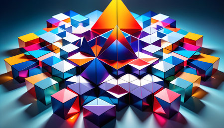 Abstract 3D illustration of multicolored, geometric shapes forming a pyramid-like structure with a prominent orange peak against a gradient blue background.の写真素材