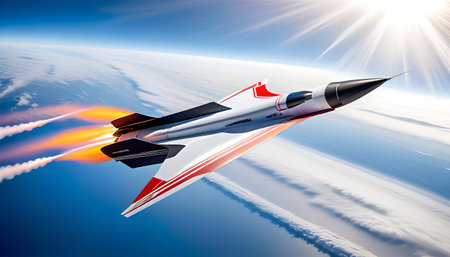 Futuristic fighter jet soaring at high speed in the stratosphere with afterburners engaged, against...