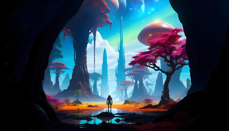 Surreal fantasy landscape with a lone figure standing before a vibrant alien world, featuring...