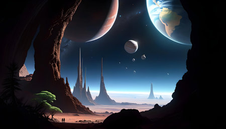 Surreal alien landscape with multiple moons and planets visible in the sky, towering spires, and...