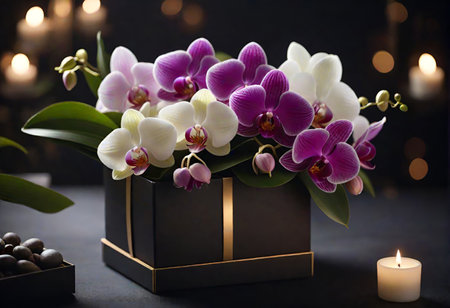 A luxurious arrangement of purple and white orchids in a black and gold box, set against a dark background with candles and bokeh lights.の写真素材