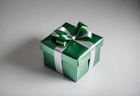 A green gift box with a silver ribbon and bow, placed on a plain white background.