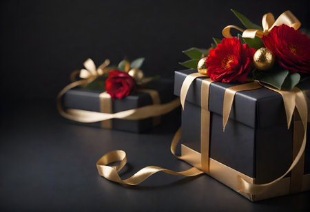 Elegant black gift boxes with gold ribbons and red flowers on a dark background.の写真素材