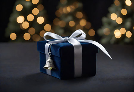 A navy blue gift box with a white ribbon and a small silver bell ornament, set against a blurred...